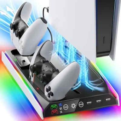 Immagine di Fenolical supporto sottile per PS5/PS5 con ventola di raffreddamento regolabile, verticale caricatore Slim, stazione multifunzionale PS5