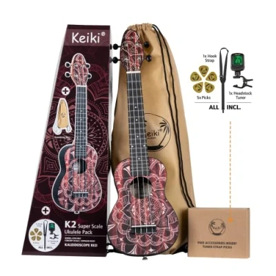 Immagine di Ortega Guitars Soprano Ukulele rosso Keiki K2 Starter Kit include Accordatore, Tracolla, 5 Plettri Medi e Borsa con Coulisse red kaleidoscope (K2SS RKC)