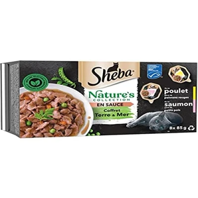 Immagine di SHEBA Ciotola di cibo umido per gatti Nature&#039;s Collection in salsa Fine diversità certificata MSC, 4 x 8 85 g, confezione multipla