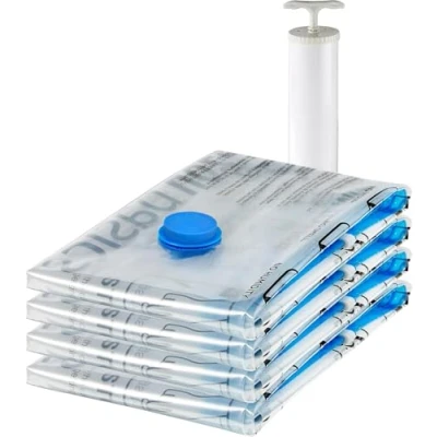 Immagine di Amazon Basics Sacchetti di stoccaggio sottovuoto con pompa a mano, Cerniera, confezione da 4, X Jumbo, Trasparente