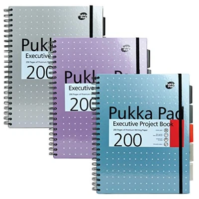 Immagine di Pukka Pad Metallic Cuaderno ejecutivo de espiral doble (3 unidades, A4, 200 hojas microperforadas, 80 g/m², con margen, 5 separadores, cierre elástico), diseño metalizado