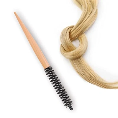 Immagine di Mini Spazzola Per Capelli Ultra Sottile, Con Manico Rotondo In Legno, Pettine Parrucchieri Sottili, Corti, Frangetta, Barba, Lifting, Arricciatura, Marrone