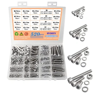 Immagine di HVDHYY Bulloni Viti a Testa Esagono Incassato M3 M4 M5 M6 A2 70 Esagonale in Acciaio Inossidabile Dadi Rondelle Bottoni Assortimento con Scatola di Immagazzinaggio 520pcs