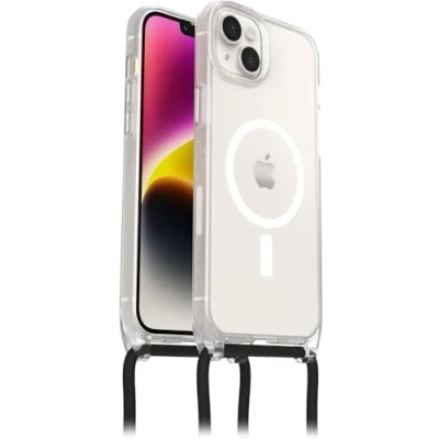 Immagine di Otterbox Cover React Necklace con MagSafe per iPhone 14 Plus, Custodia sottile, antishock cordino a collana, adattabile e intercambiabile, testata MIL STD 810G, Trasparente Senza Retail Package