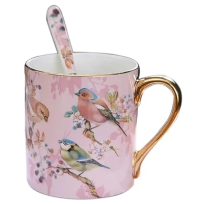 Immagine di YBK Tech Tazza da tè in porcellana Bone China, 350 ml, per casa, cucina, ufficio, motivo uccelli (rosa)