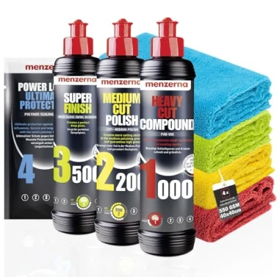 Immagine di detailmate Menzerna Set di lucidanti per auto Heavy Cut Compound 1000 + Medium 2200 Super Finish 3500 ceramic spray sealant 100ml panno in microfibra 40x40cm