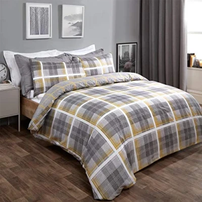 Immagine di Dreamscene Set di biancheria da letto con copripiumino e federa, reversibile, motivo tartan, colore: giallo ocra, grigio antracite, 2 pezzi, singolo
