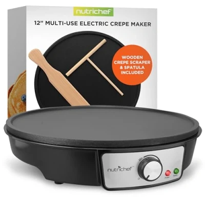 Immagine di NutriChef Crepiera Elettrica, Piastra Crepes Elettrica in Alluminio 30 Centimetri con LED e Controllo Temperatura Regolabile, Spatola Legno Spandi Pastella Inclusi