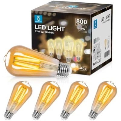 Immagine di Aigostar ST64 Lampadina Stile Vintage Edison, Led E27 Da 8W (Equivalente A 60W),Lampadina Filamento Bianco Caldo (2200K), 800 Lumens,Non Dimmerabile, Confezione 4 Unità