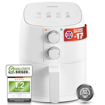 Immagine di Linsar Friggitrice ad aria calda 4L con timer e funzione Keep Warm Temperatura selezionabile più risparmio energetico veloce del forno 1400 Watt (Bianco)