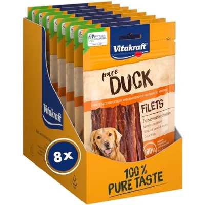 Immagine di Vitakraft Snack di carne, strisce filetto petto d&#039;anatra, senza cereali, con carne magra in sacchetto richiudibile, aggiunta zucchero (8 x 80 g)