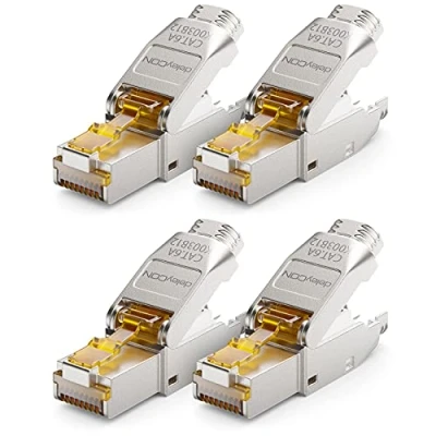 Immagine di deleyCON 4x CAT 6a Connettore di Rete RJ45 a Sgancio Rapido con Schermatura 10 Gbit/s Spina per la Posa Rigidi Cavi Grezzi Ethernet LAN Cavo Patch DSL