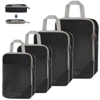 Immagine di WUFANC 4 Pezzi Organizer Valigia Salvaspazio, Packing Cubes Compressione Impermeabili E Facili Da Riporre, Traspiranti Con Rete Visibile Resistenti Viaggio Salvaspazio (Nero)