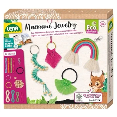 Immagine di Lena 42839 Eco Macramé Jewelry, set da annodare per bambini a partire dagli 8 anni in su, kit fai te un portachiavi, una collana, elastico capelli e ciondolo arcobaleno,