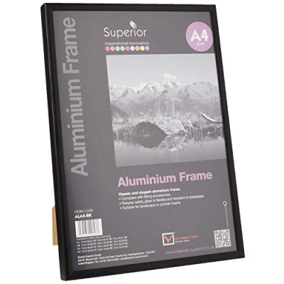 Immagine di Stewart Cornice portafoto in alluminio spazzolato, formato A4, colore nero, con vetro di sicurezza perspex resistente, ideale per foto, esposizioni artistiche e certificati, design elegante