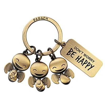 Immagine di FABACH Portachiavi con Angelo custode Happy Trio incisione portafortuna Don&#039;t worry be happy, Bronzo antico, taglia unica