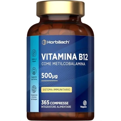Immagine di Vitamina B12 Vegan 1 Anno di Fornitura 365 Compresse Vegane Integratore Metilcobalamina Alto Dosaggio 500 mcg Methylcobalamin Horbaach