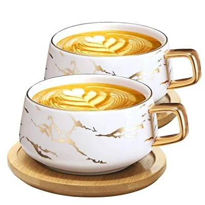Immagine di VETIN Set 2 tazze da cappuccino con piattino, tazza in marmo, tazzine caffè porcellana 300 ml per tè cappuccino, disco legno (Bianco*2)
