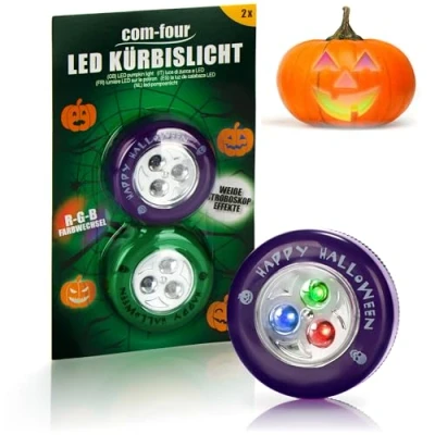 Immagine di com four® 2x Luci a LED per Halloween zucca lampeggianti zucche scavate e intagliate Lampada (Impostare verde + viola)