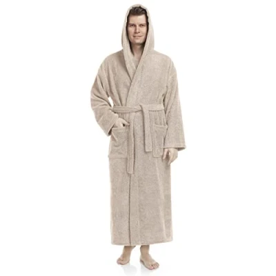 Immagine di Arus Astrom Accappatoio da uomo con cappuccio, lunghezza alla caviglia, 100% cotone spugna, Taglia uomo: XXL lunghe, unisex: 3XL Beige