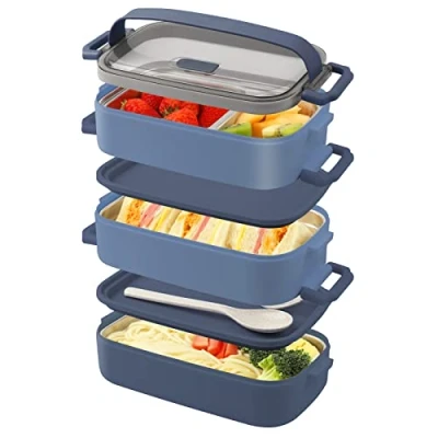Immagine di OITUGG Lunch Box 3 Strati 2200ml Portapranzo per Adulti ufficio Porta Pranzo Bambini Scuola, con Posate e pezzi Interno In acciaio Inox, Senza BPA, Microonde, a prova di perdite, Blu