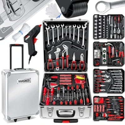 Immagine di MASKO® Cassetta degli attrezzi portatile con utensili 969 Pezzi Set di in Valigetta Alluminio Ruote per Fai da te porta a mano Strumenti professionali Argento