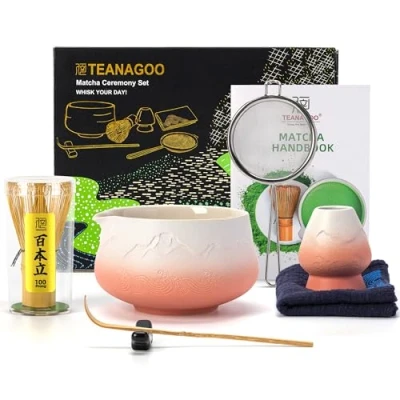 Immagine di TEANAGOO giapponese Matcha Whisk (7pcs) Set Mtacha Kit Ciotola con beccuccio Bambù (chasen) Scoop (chashaku) Titolare.N35, Gradiente Rosa Bianco...