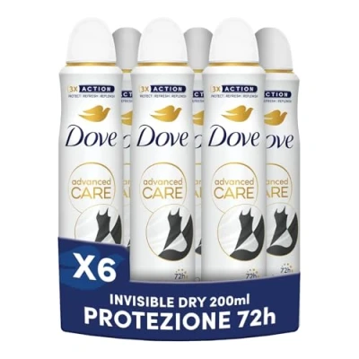 Immagine di Dove Deodorante Spray Advanced Care Invisible Dry, con Formula Idratante e Delicata sulla Pelle, Anti macchia, Pelle Asciutta Fino a 72 Ore, Uomo Donna, 6 Pezzi da 200ml