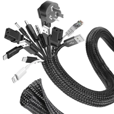 Immagine di Romon 3 Metri Guaina Cavi Intrecciata, 16 25 mm Flessibile Self closing Raccogli Cavi, Tagliabile Nascondi Guaina, Espandibile Copri Elettrici per TV Computer Ufficio Casa Auto Nero