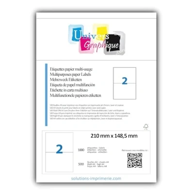 Immagine di UniversGraphique, 1000 Etichette Adesive su Fogli A4, Colore Bianco, 210 x 148.5 mm, 500, 2 per Foglio, Ref UGCMO1