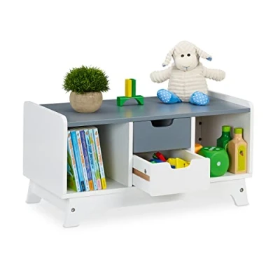 Immagine di Relaxdays Scaffale Basso per la Cameretta dei Bambini, con 2 Scomparti e Cassetti, MDF, HLP 30x60x30 cm, Bianco/Grigio