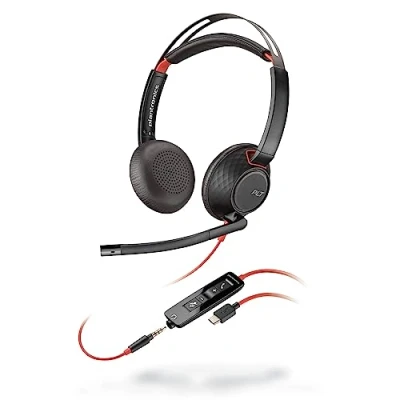 Immagine di Poly Blackwire 5220, Cuffia Cablata con Connessione USB A, C, AUX 3,5 mm, Cuscinetti in Similpelle, Riduzione del Rumore e dell&#039;Eco, Comandi sul Cavo, Compatibile Windows 10 macOS, Nero