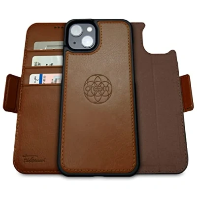 Immagine di dreem Fibonacci compatibile con iPhone 14 Plus custodia a portafoglio/custodia antiurto 2 in 1 e folio pelle vegana staccabile, MagSafe, protezione RFID [Cioccolato]