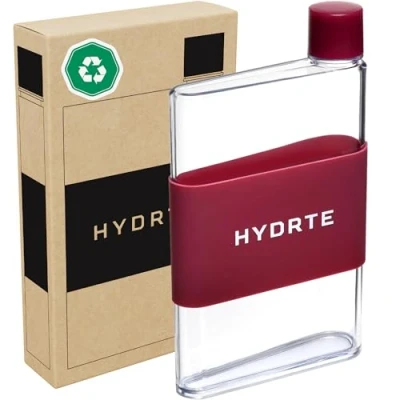 Immagine di Hydrte Borraccia piatta, a tenuta stagna, in plastica priva di BPA, perfetta per la borsa, si adatta qualsiasi borsa (350 ml, rosso rubino)