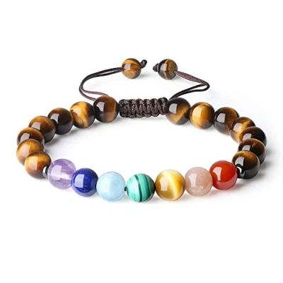 Immagine di COAI Bracciale Regolabile Unisex con Pietre dei 7 Chakra e Perle Mala Benefiche Naturali in Occhio di Tigre