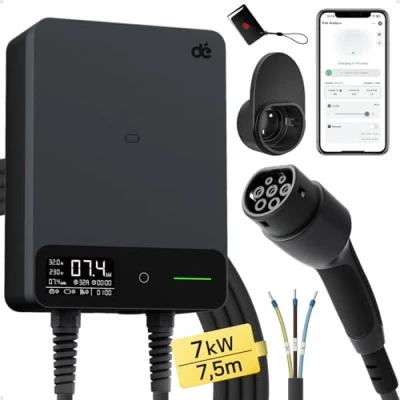 Immagine di dé Wallbox 7,4kW Tipo 2 [5m, 6 32A, Monofase] Colonnina Ricarica Auto Elettrica con App e RFID Supporto, EV Stazione di Ricaric RCD B Protezione IP55, per BEV/PHEV, Nero