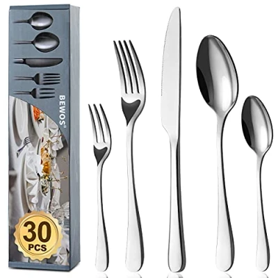 Immagine di BEWOS servizio di posate per 6 persone, da 30 pezzi comprensivo coltello, forchetta, cucchiaio, posate, acciaio inox lucidato a specchio, lavabili in lavastoviglie