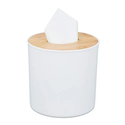 Immagine di Relaxdays Porta Fazzoletti Cosmetici, Contenitore in Plastica con Coperchio bambù, Riempibile, Bianco Marrone Chiaro, 50%, 12,5 x 13,5 cm
