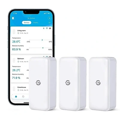 Immagine di GoveeLife Termometro igrometro con sensori interni, confezione da 3, mini misuratore di temperatura Bluetooth e umidità dell&#039;aria notifica memorizzazione dei dati, adatto per serra, cantina
