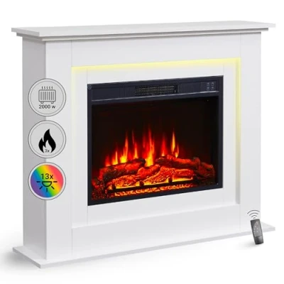 Immagine di BALDERIA camino elettrico Finn Caminetto autoportante con riscaldamento 2000 W Effetto fiamma 3D Focolare da terra telecomando, timer, termostato Bianco
