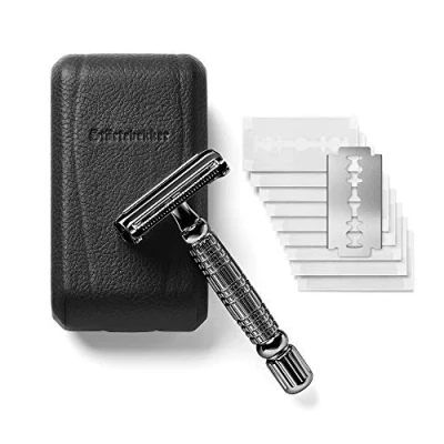 Immagine di Störtebekker® rasoio di Sicurezza in astuccio pelle fatto a mano [con 10 lamette Störtebekker] Set rasatura effetto vintage umido prima qualità barba uomo (Nero Nero)