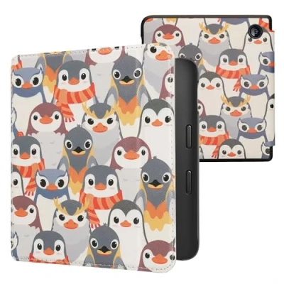 Immagine di kwmobile Custodia eReader Compatibile con Kobo Libra 2 Cover eBook Reader Flip Case grigio/giallo/marrone Pinguini