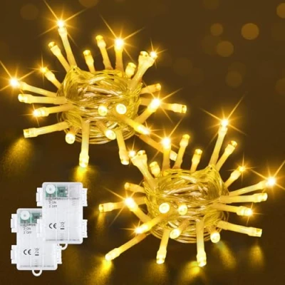 Immagine di Bowfar Catena luminosa per esterni, 2 m, 20 LED, luce bianca calda, con timer da 6 ore, IP65, impermeabile, interni, feste, Natale, attività all&#039;aperto (2 pezzi, cavo trasparente)