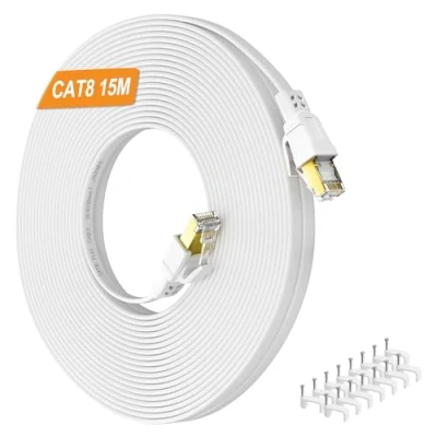 Immagine di Nowunke Cavo Ethernet 15 metri Cat 8, Alta Velocità Lan Piatto di Rete 40Gbps 2000MHz, RJ45 Gigabit Schermato Internet Bianco Patch per Switch, Router, Modem