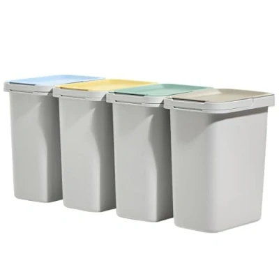 Immagine di KADAX Set di pattumiera per raccolta rifiuti, sistema dei robusto contenitore rifiuti con coperchio denso, in plastica (bianco 4 x 12L)