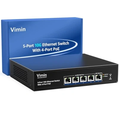 Immagine di Switch PoE 10G a 5 Porte Non Gestito, VIMIN Power Over Ethernet 10Gbps Supporta IEEE802.3 af/at, e 1 Uplink, per Rete NAS 10G, Plug &amp; Play, Capacità di Commutazione 100Gbps