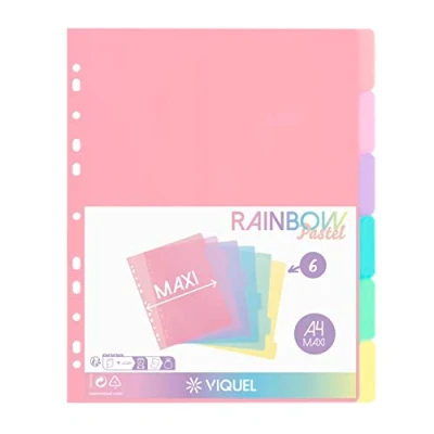Immagine di Viquel Set di 6 divisori in plastica Rainbow Pastel Maxi formato (24,5 x 30,5 cm) per raccoglitori A4 o raccoglitore a leva, colori pastello