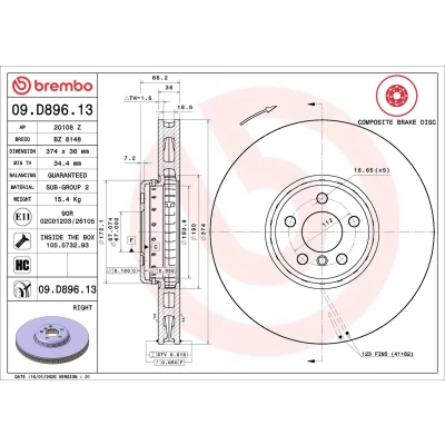 Immagine di BREMBO 09.D896.13 disco freno 374 36 5 a due pezzi, ventilazione interna rivestito ad alto tenore di carbonio con bulloni/viti