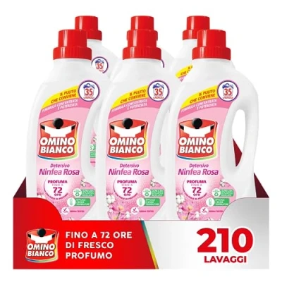 Immagine di Omino Bianco Detersivo Lavatrice Liquido, 210 Lavaggi, Rispetta Colori e Tessuti, Fresco Profumo di Ninfea Rosa, 1400 ml x 6 Confezioni