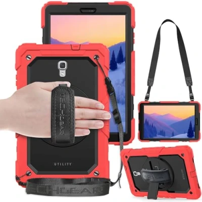 Immagine di TECHGEAR UTILITY Custodia Compatibile con Samsung Galaxy Tab a 10.5&quot; (SM T590) Antiurto Resistente supporto integrato girevole 360 gradi, cinturino mano e tracolla attaccabile Rosso